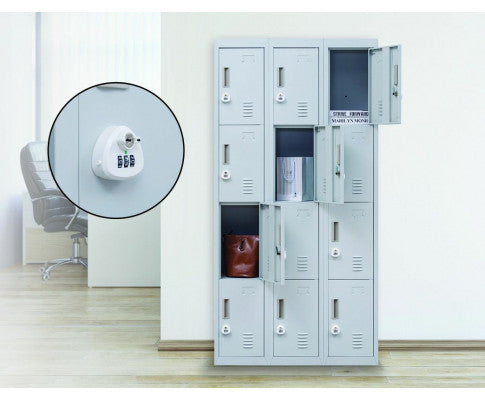 KENZIE 12 DOOR OFFICE - GYM - STORAGE - SHED WITH 3-DIGIT COMBINATION LOCK - LOCKER - GREY