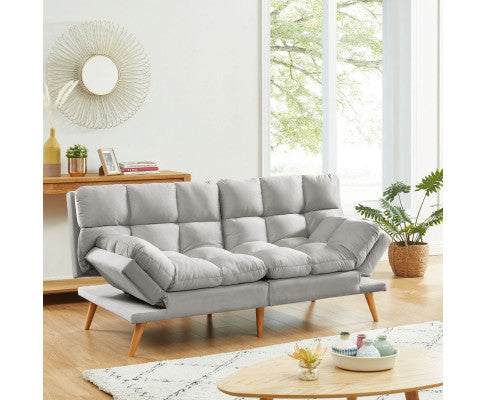 MIKLAUS VELVET FABRIC 3 SEATER SOFA BED - LIGHT GREY