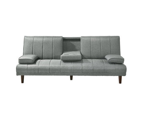 HUXLEY 3 SEATER FABRIC FOLDABLE SOFA BED WITH CUPHOLDER - LIGHT GREY