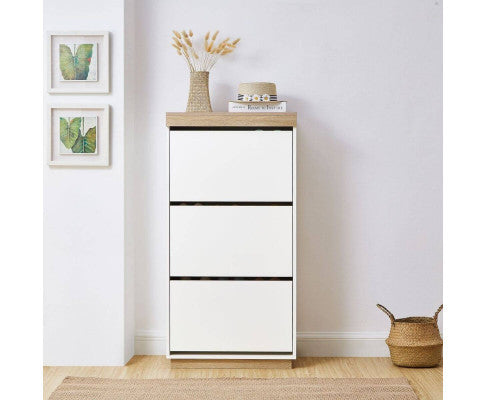 BRANWEN 3 DOOR SMALL SHOE CABINET - WHITE & OAK