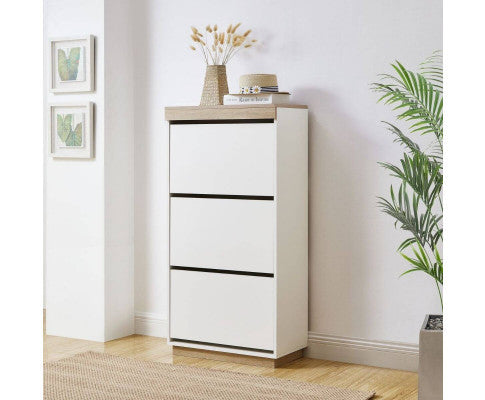 BRANWEN 3 DOOR SMALL SHOE CABINET - WHITE & OAK
