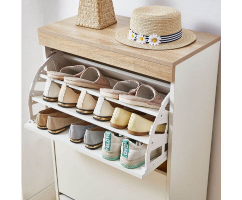 BRANWEN 3 DOOR SMALL SHOE CABINET - WHITE & OAK