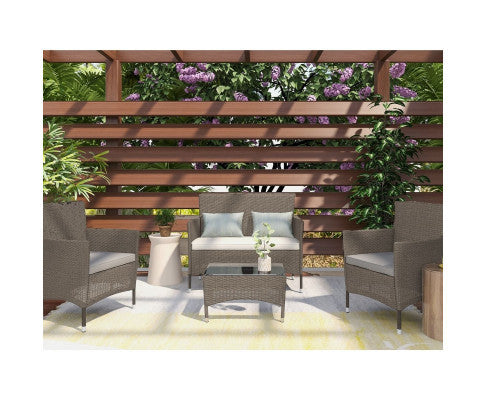 CEPHEUS OUTDOOR RATTAN 4 PIECE LOUNGE SETTING - NATURAL GREY