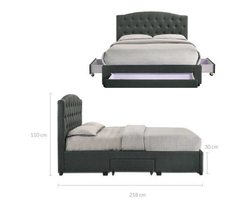 QUEEN BRANTLEY FABRIC BED WITH UNDERBED STORAGE DRAWERS - CHARCOAL