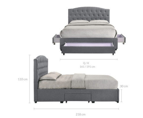 QUEEN BRANTLEY FABRIC BED WITH UNDERBED STORAGE DRAWERS - LIGHT GREY