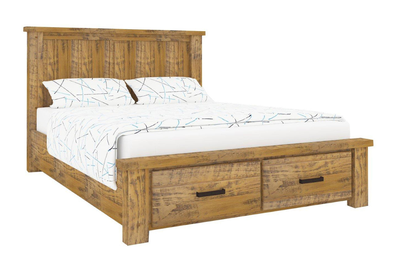 QUEEN HOUSTON TIMBER BED WITH 2 UNDER BED STORAGE DRAWERS - RUSTIC OAK