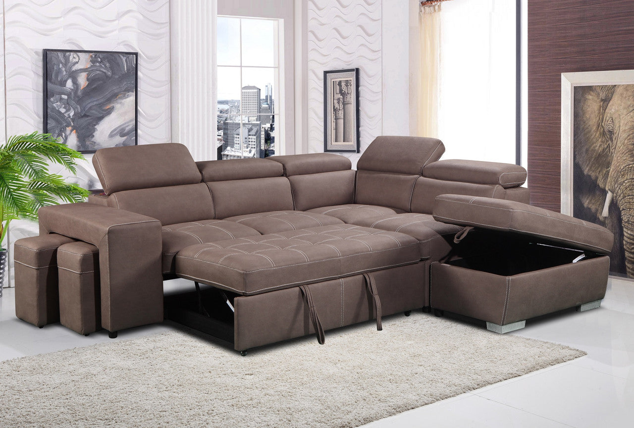 POSITANO 2 SEATER SOFA BED WITH RHF CHAISE & 2 STORAGE AOTTOMANS - MUSHROOM (AS PICTURED)