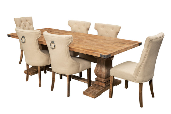 UTAH (UT-002) 7 PIECE DINING SETTING WITH GRACE RINGED CHAIRS OR ARRAY CHAIRS - TABLE: 2300(W) x 1000(D) - HONEY WASH TABLE / GREY OR BEIGE CHAIRS - (PICTURED)