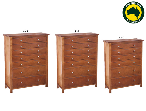 VIRGO (AUSSIE MADE) TALLBOY CHEST COLLECTION - TASSIE OAK COMBINATION - ASSORTED STAINED COLOURS