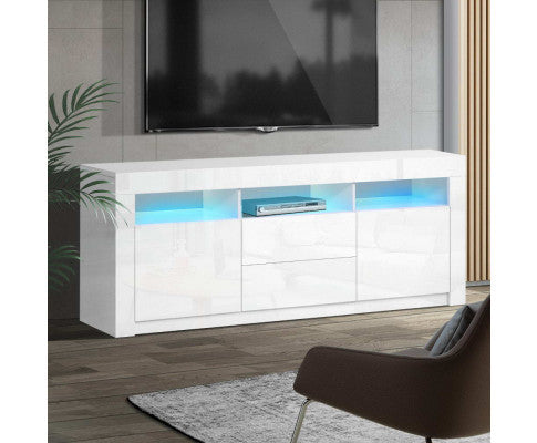 HAMILTON TV CABINET ENTERTAINMENT UNIT WITH RGB LED - 600(H) x 1600(W) x 350(D) - HIGH GLOSS WHITE