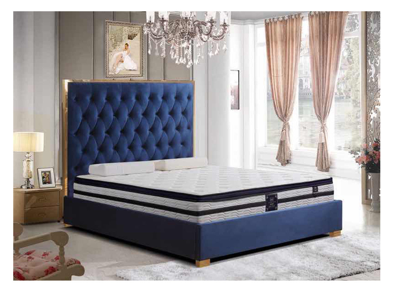 KING TIMELESS (MODEL: LZ948) FANCY VELVET FABRIC BED WITH GOLD CHROME TRIMM - AS PICTURED