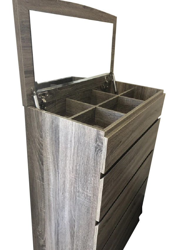 ROGAN 5 DRAWER TALLBOY CHEST WITH FLIP TOP MIRROR - 1225(H) x 800(W) - (LS-718TB) - MOCHA OAK