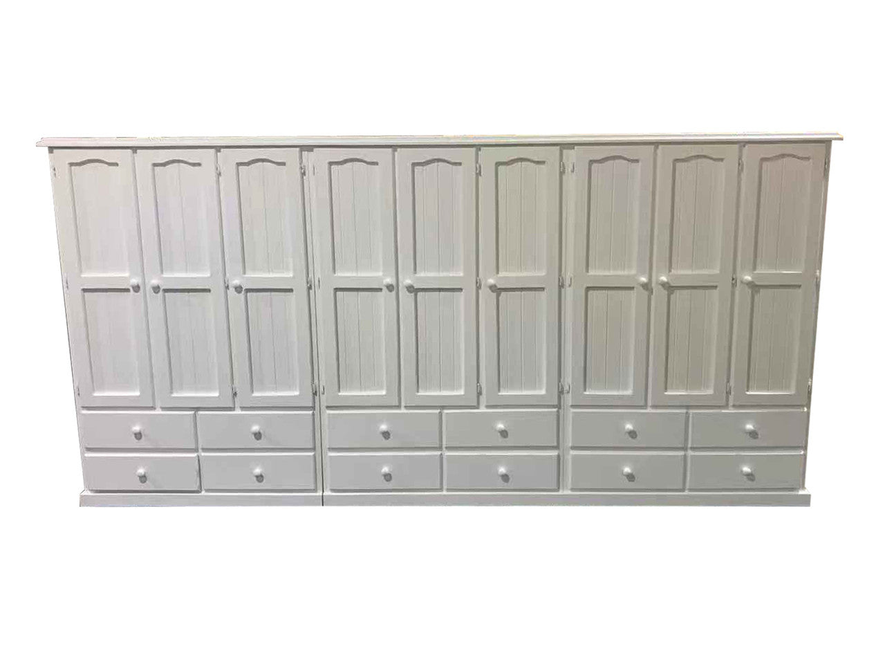 MUDGEE (AUSSIE MADE) 3 PIECE WARDROBE WITH 9 DOORS AND 12 DRAWERS - 1800(H) X 3600(W) - ASSORTED PAINTED COLOURS