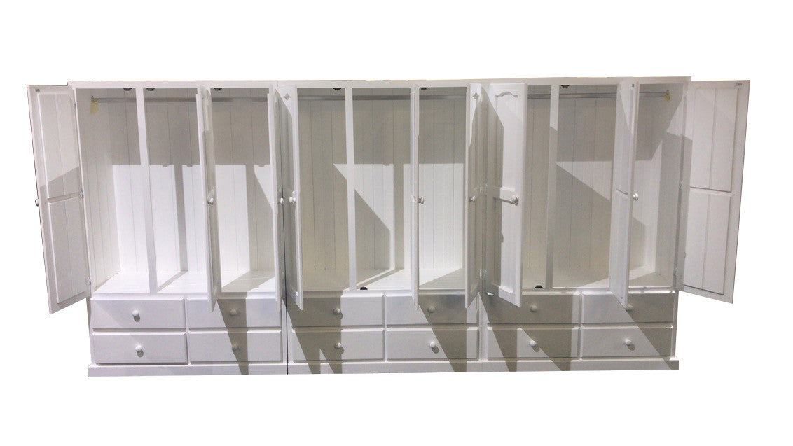 MUDGEE (AUSSIE MADE) 3 PIECE WARDROBE WITH 9 DOORS AND 12 DRAWERS - 1800(H) X 3600(W) - ASSORTED PAINTED COLOURS