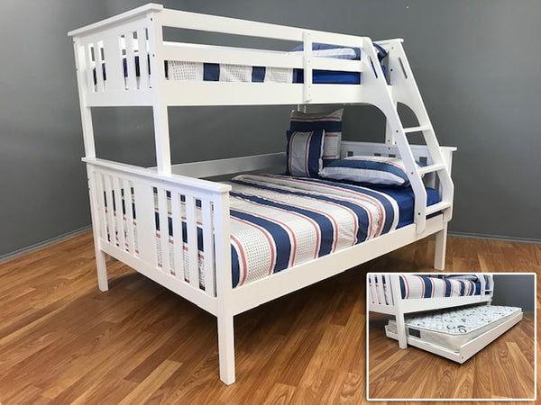 VELOZ SINGLE OVER DOUBLE (TRIO) BUNK BED WITH MATCHING BUDGET SINGLE TRUNDLE BED - BRIGHT SATIN WHITE (SNOW)