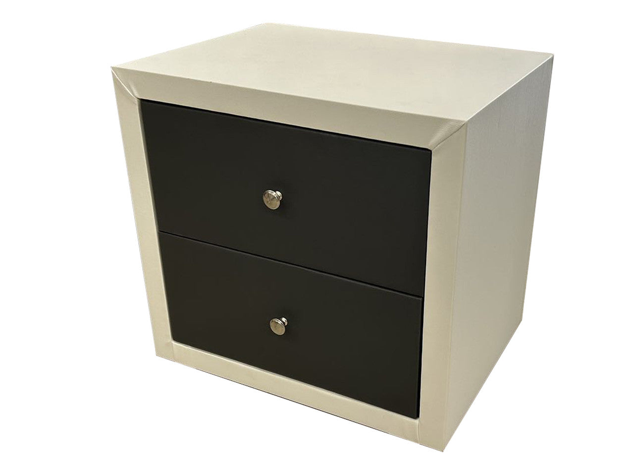 FRESHWATER 2 DRAWER LEATHERETTE BEDSIDE TABLE - 500(H) x 540(W) - WHITE / GREY
