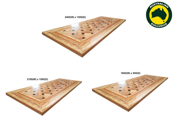 BASKET WEAVE (AUSSIE MADE) DINING TABLE WITH REFACTORY LEG BASE SYSTEM COLLECTION - ASSORTED STAINED COLOURS