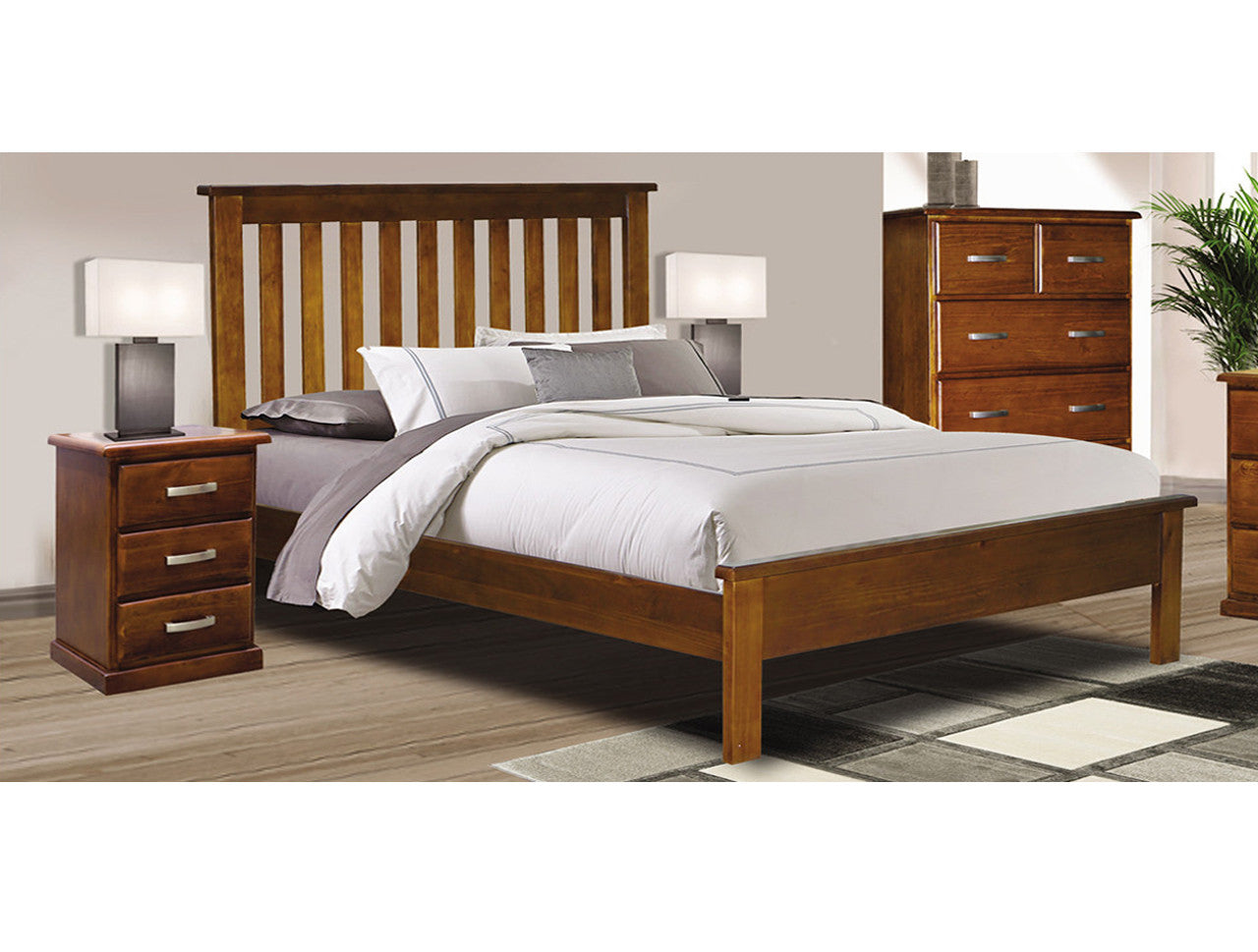 XAVIAN (AUSSIE MADE) KING 4 PIECE (TALLBOY) BEDROOM SUITE - ASSORTED STAINED COLOURS