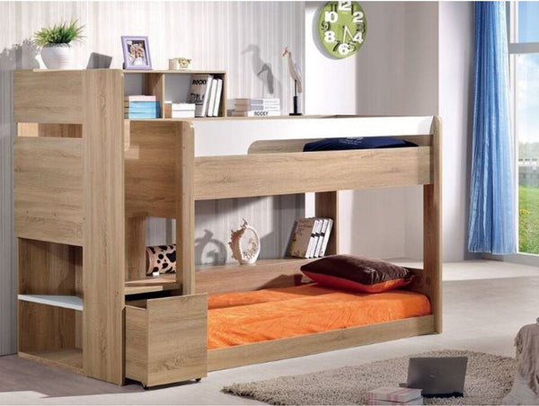 SINGLE OVER SINGLE GETTY BUNK BED WITH SHELVES (26-5-7-14-1) - VINTAGE OAK