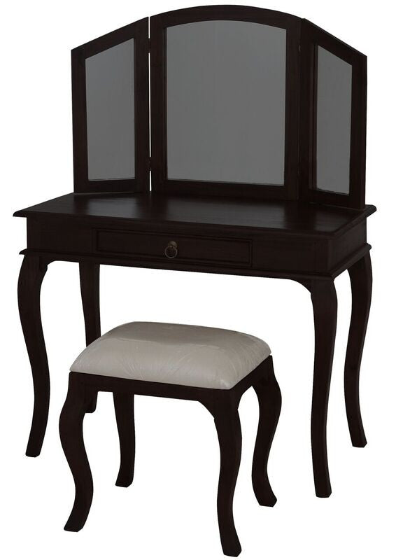 QUEEN ANNA 1 DRAWER LARGE DRESSING TABLE & STOOL - 1370(H) X 1000(W) - MAHOGANY OR CHOCOLATE