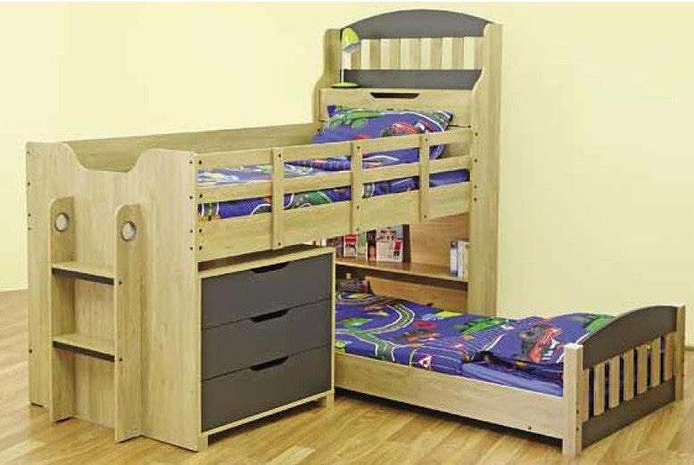 Single Over Single Toby Cabin Bunk With Low Single Bed And 3 Drawers Chest - Oak / Charcoal