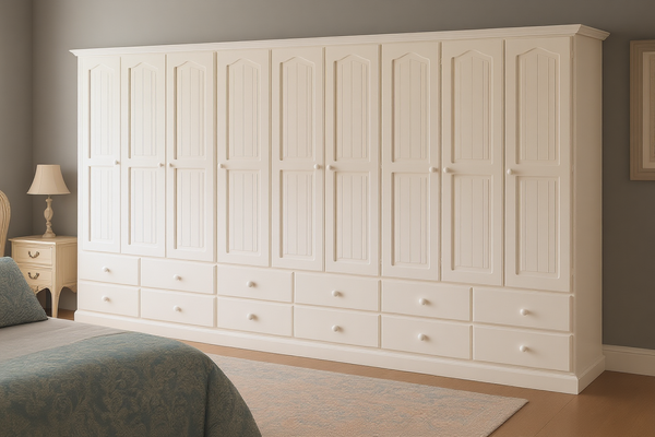 MUDGEE (AUSSIE MADE) 3 PIECE WARDROBE WITH 9 DOORS AND 12 DRAWERS - 1800(H) X 3600(W) - ASSORTED PAINTED COLOURS