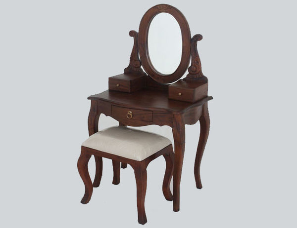 QUEEN ANNA 3 DRAWER SMALL DRESSING TABLE & STOOL - 1370(H) X 700(W) -MAHOGANY OR CHOCOLATE