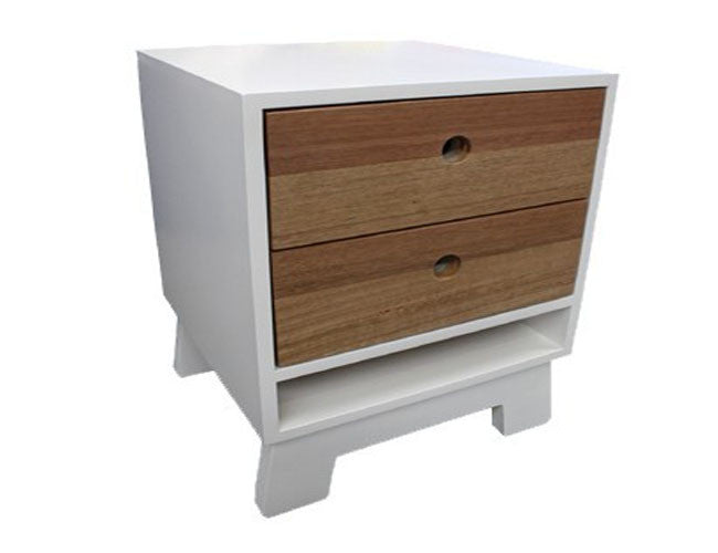 ART DECO BEDSIDE WITH 2 DRAWERS - WHITE WITH VIC ASH HIGHLIGHTS