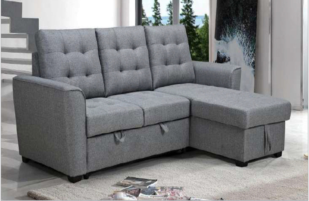 AURORE 2 SEATER FABRIC SOFA BED WITH REVERSIBLE STORAGE CHAISE - GREY