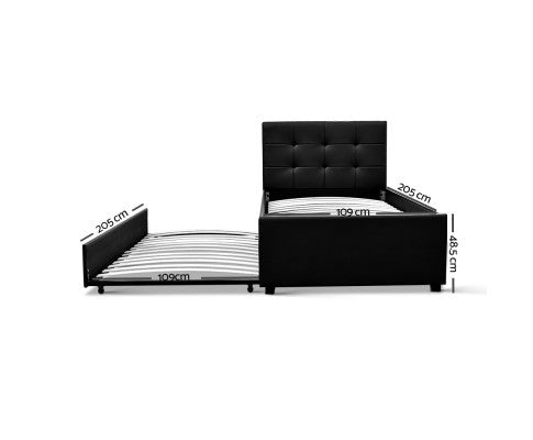 KING SINGLE ARTISS LEATHERETTE BED WITH TRUNDLE - BLACK