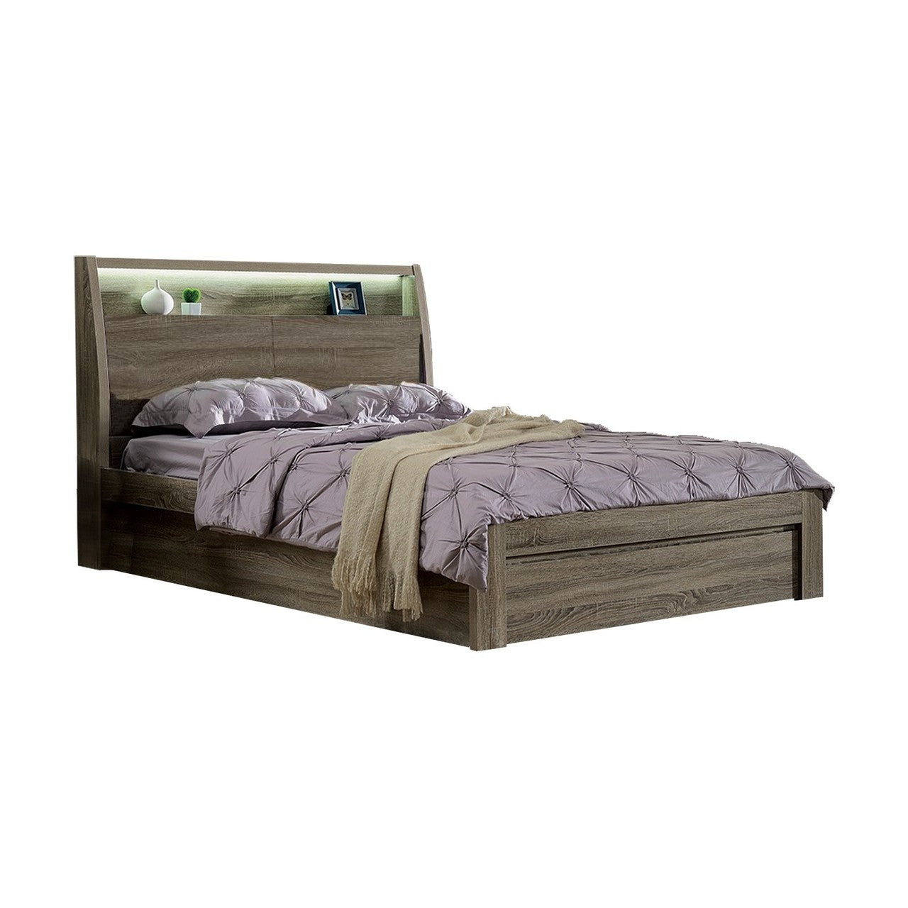 QUEEN CHICAGO BED WITH FRONT OR SIDE (REVERSIBLE) GAS LIFT OR 3 DRAWER STORAGE (SIDE / SIDE / FRONT & LED LIGHT - (2-15-19-20-15-14) - MOCHA OAK