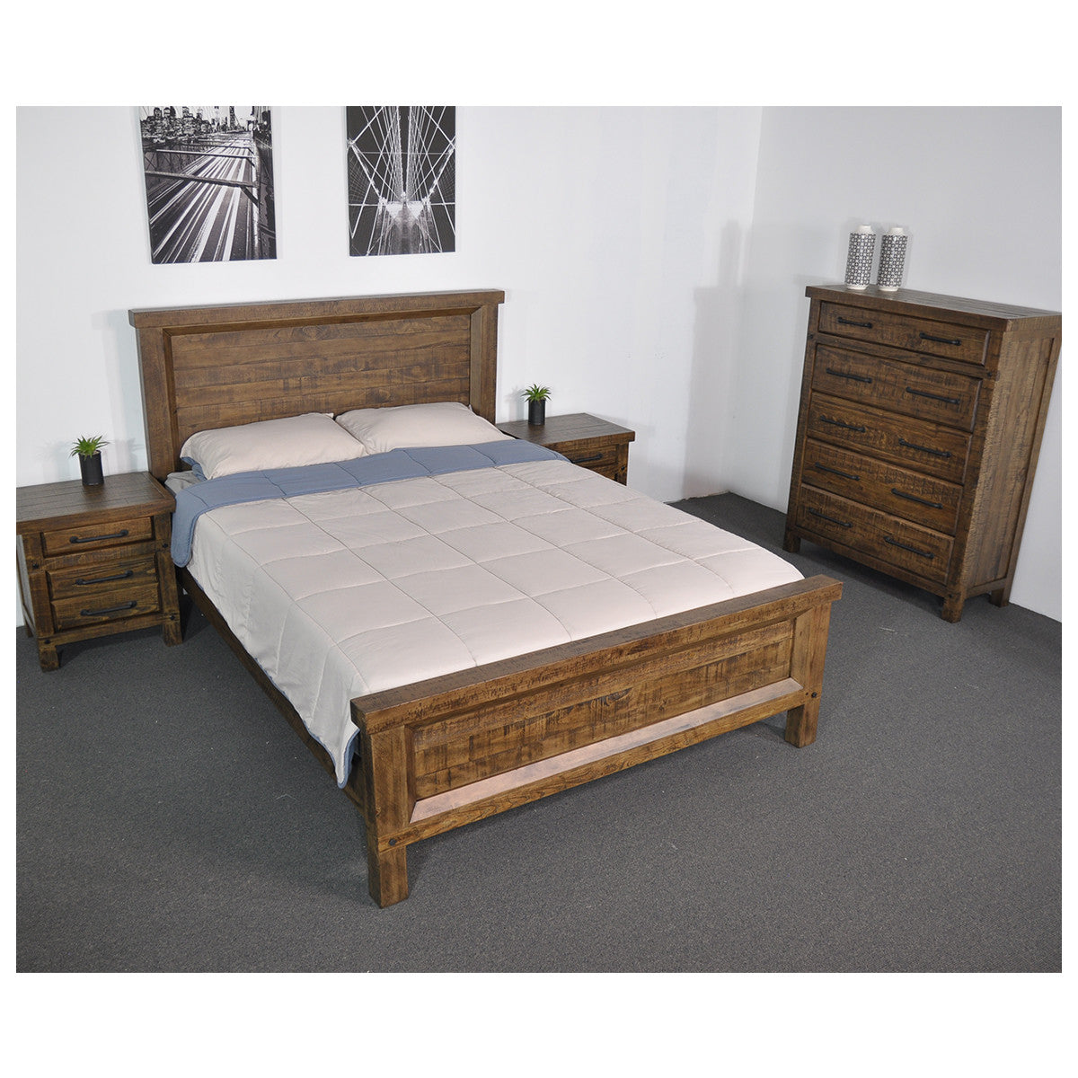 QUEEN CHRISTINE RECYCLED TIMBER PANEL BED - AGED ROUGH SEWN