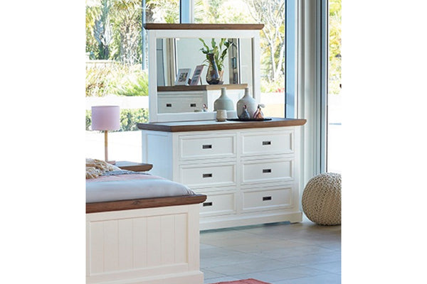 HAMPTONS (CUSTOM MADE) 6 DRAWER DRESSING TABLE WITH MIRROR - 1800(H) x 1200(W) x 450(D) - ASSORTED COLOURS