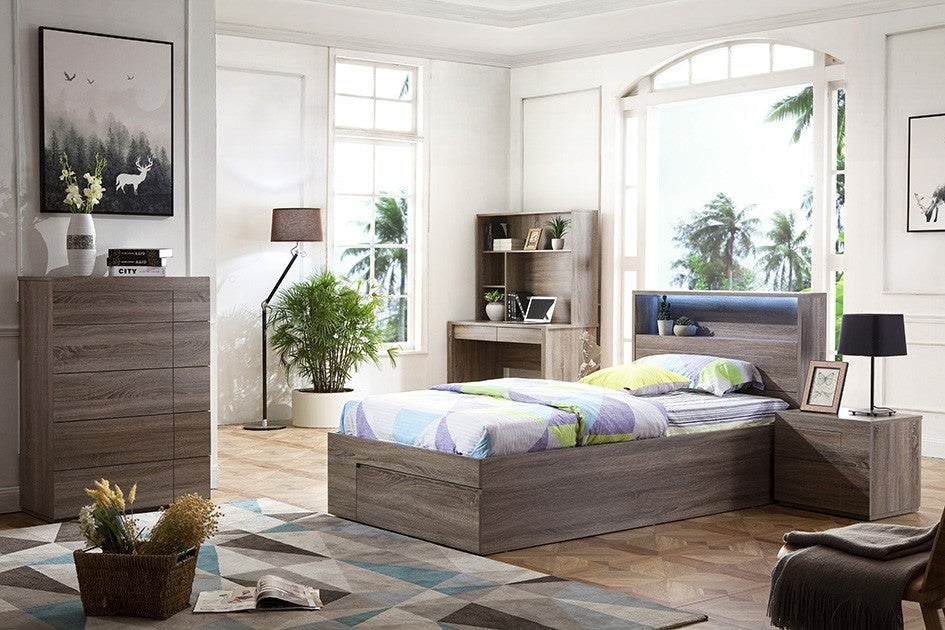 KING SINGLE EMERTON (MODEL 4-5-12-20-1) - BED WITH SIDE OPEN GAS LIFT (MODEL:LS-081S) - MOCHA OAK