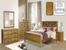 CLAYTON QUEEN 5 PIECE (DRESSER) BEDROOM SUITE WITH BOOKCASE BEDHEAD - BRUSH BOX