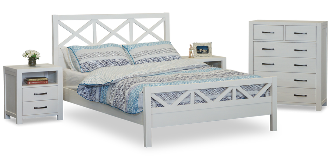 FRENCH COAST QUEEN 4 PIECE TALLBOY BEDROOM SUITE - BRUSHED WHITE