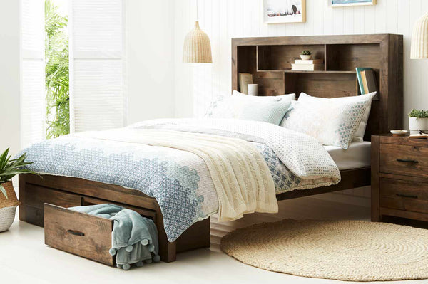 QUEEN GREELY (AUSSIE MADE) BED WITH 2 UNDERBED STORAGE DRAWERS - ASSORTED STAINED COLOURS