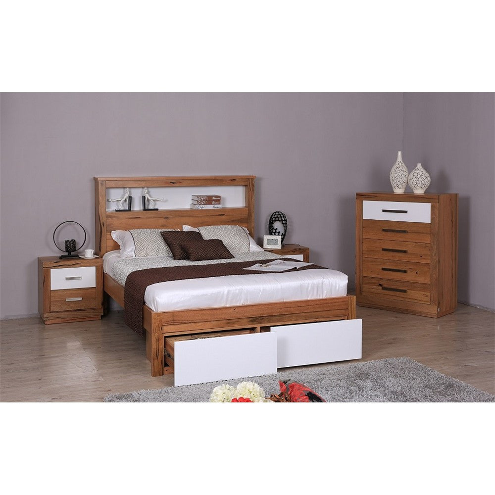 DESTINY QUEEN HARDWOOD TIMBER 4 PIECE TALLBOY BEDROOM SUITE (8-1-12-5) - NATURAL / WHITE