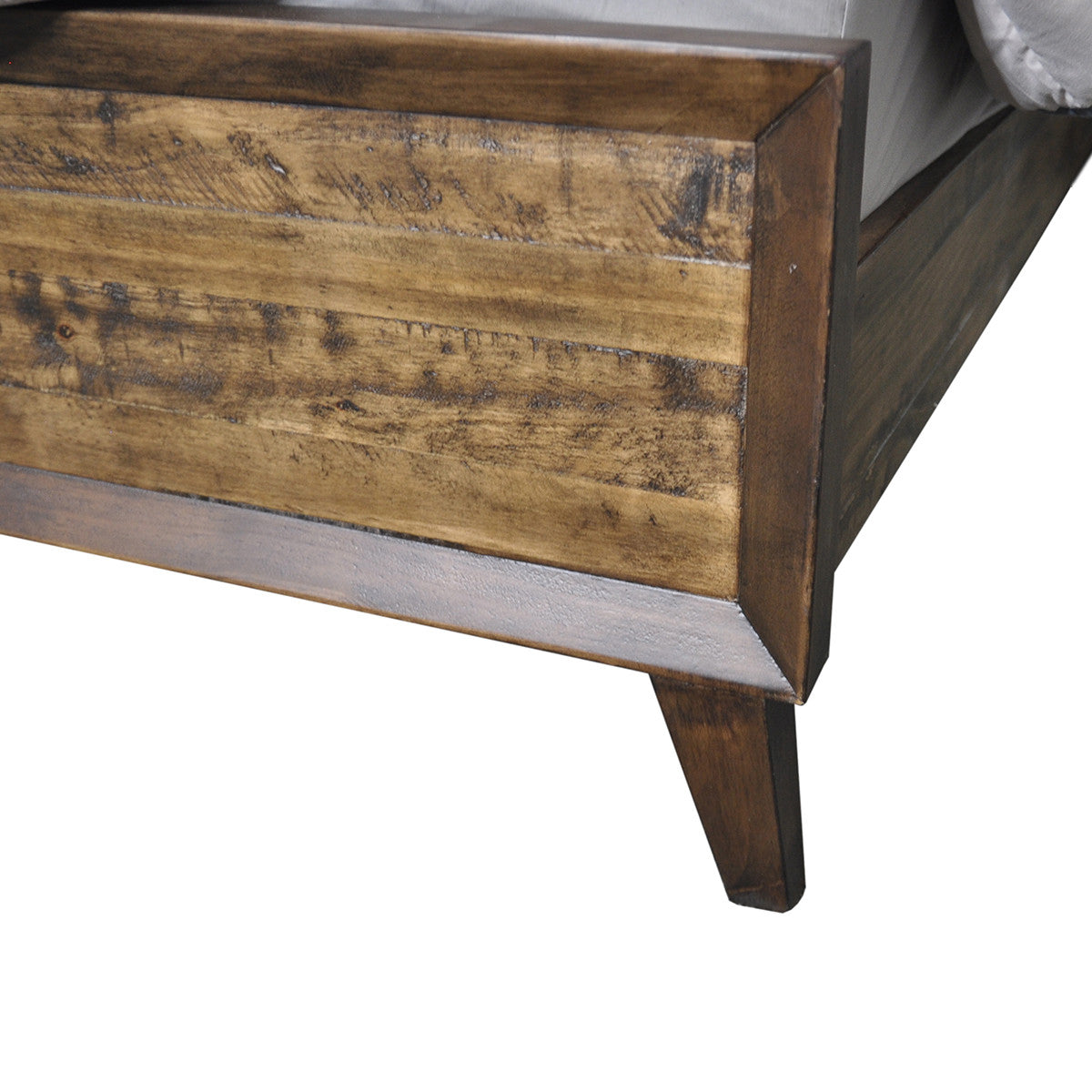 QUEEN HASTINGS RECYCLED TIMBER PANEL BED - DARK / AGED ROUGH SEWN