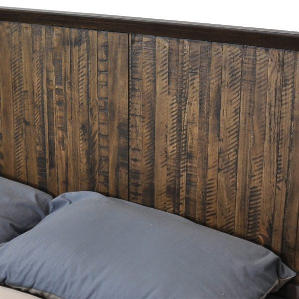 QUEEN HASTINGS RECYCLED TIMBER PANEL BED - DARK / AGED ROUGH SEWN