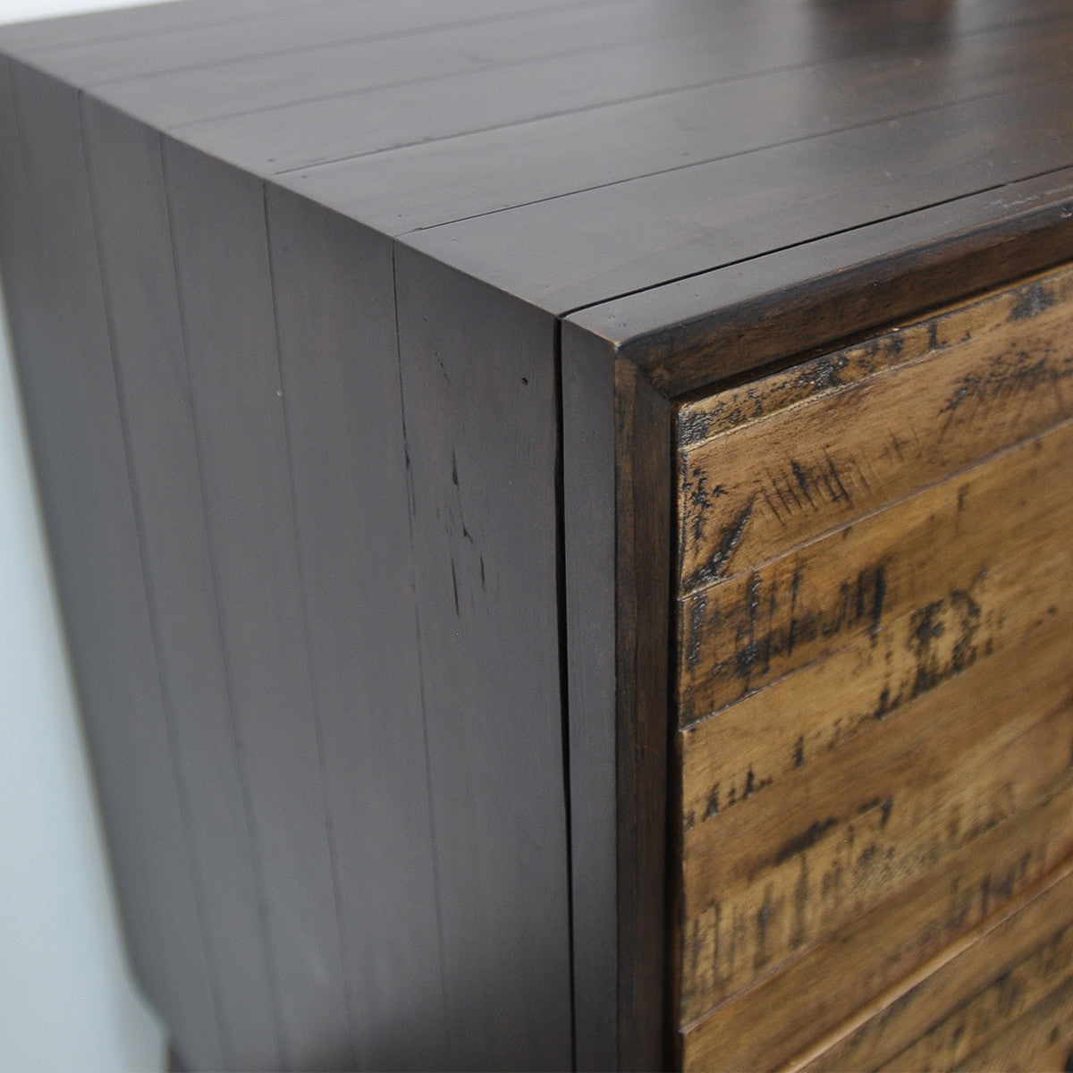 HASTINGS 6 DRAWERS RECYCLED TIMBER TALLBOY CHEST - DARK / AGED ROUGH SEWN