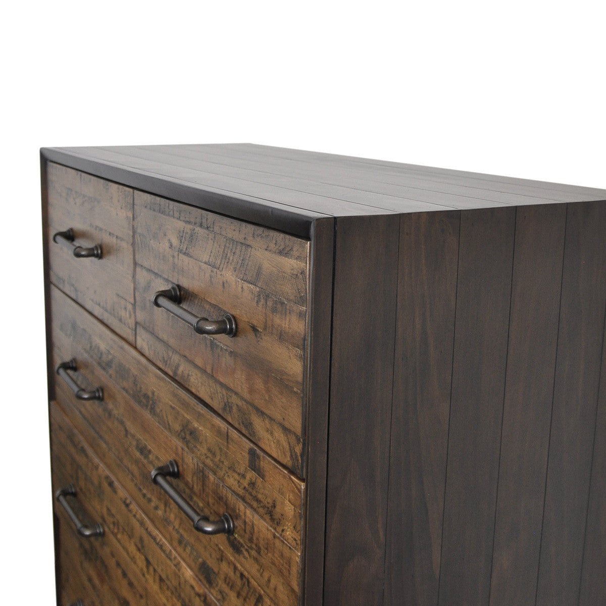 HASTINGS 6 DRAWERS RECYCLED TIMBER TALLBOY CHEST - DARK / AGED ROUGH SEWN