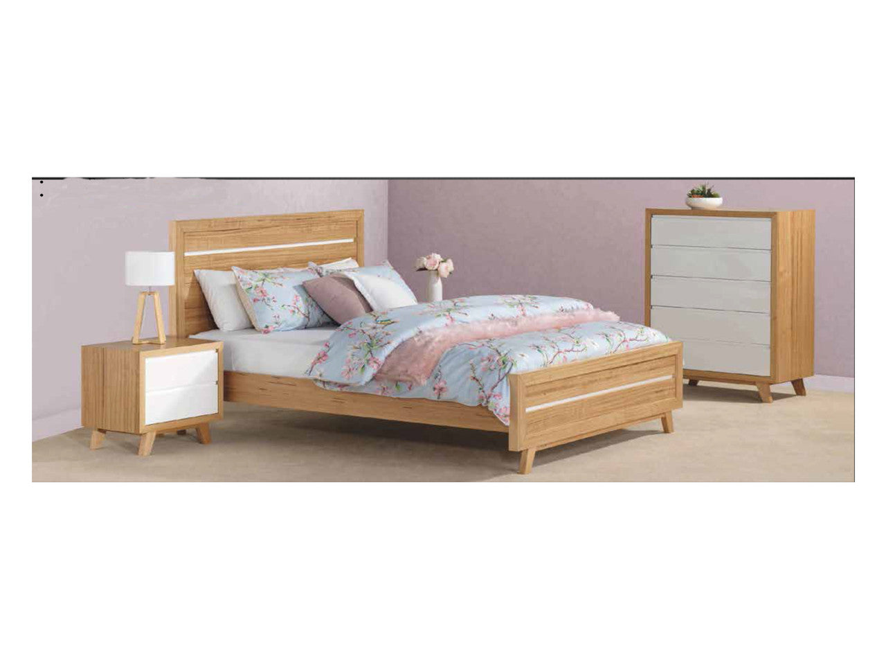 TROVATO SINGLE OR KING SINGLE (AUSSIE MADE) 3 PIECE (TALLBOY) BEDROOM SUITE - TASSIE OAK COMBINATION - ASSORTED COLOURS