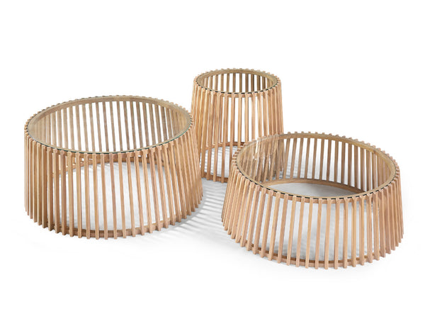 ODETTE SOFA TABLE - 420(H) X 600(DIA) - CLEAR GLASS TOP / OAK