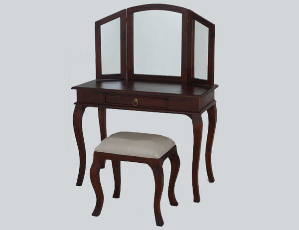QUEEN ANNA 1 DRAWER LARGE DRESSING TABLE & STOOL - 1370(H) X 1000(W) - MAHOGANY OR CHOCOLATE