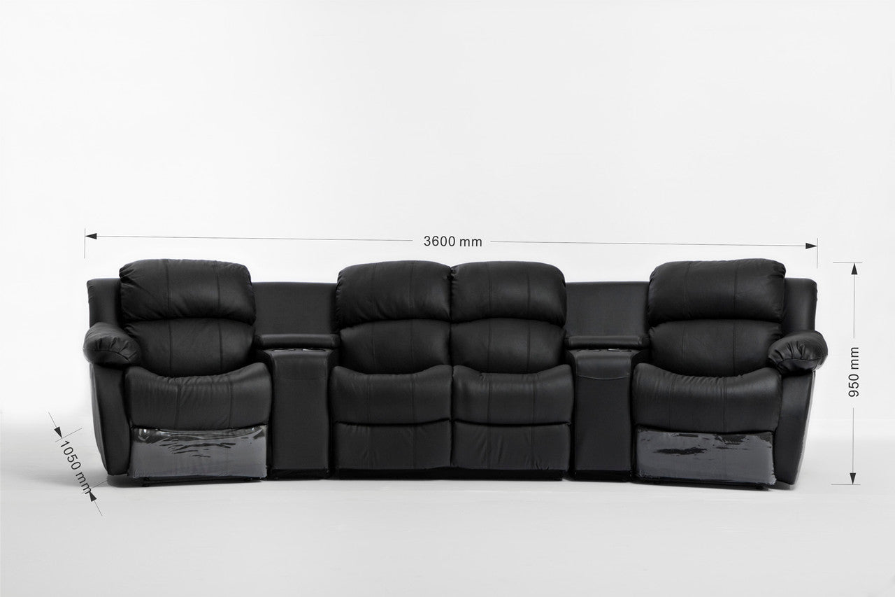 NIKKI 4 SEATER 100% LEATHER/ETTE COMBINATION HOME THEATRE ENTERTAINMENT LOUNGE SUITE WITH 4 RECLINERS - BLACK