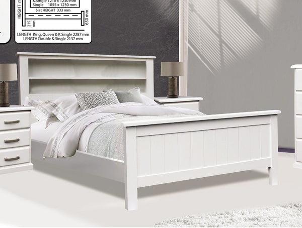 KING SINGLE QUINTON TIMBER BED FRAME WITH BOOKCASE BEDHEAD - ASSORTED PAINTED COLOURS