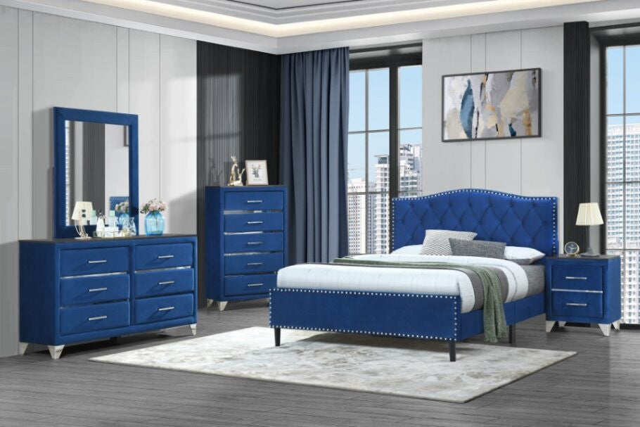JAYCEE DOUBLE OR QUEEN 3 PIECE (BEDSIDE) VELVET FANCY BEDROOM SUITE - BLUE