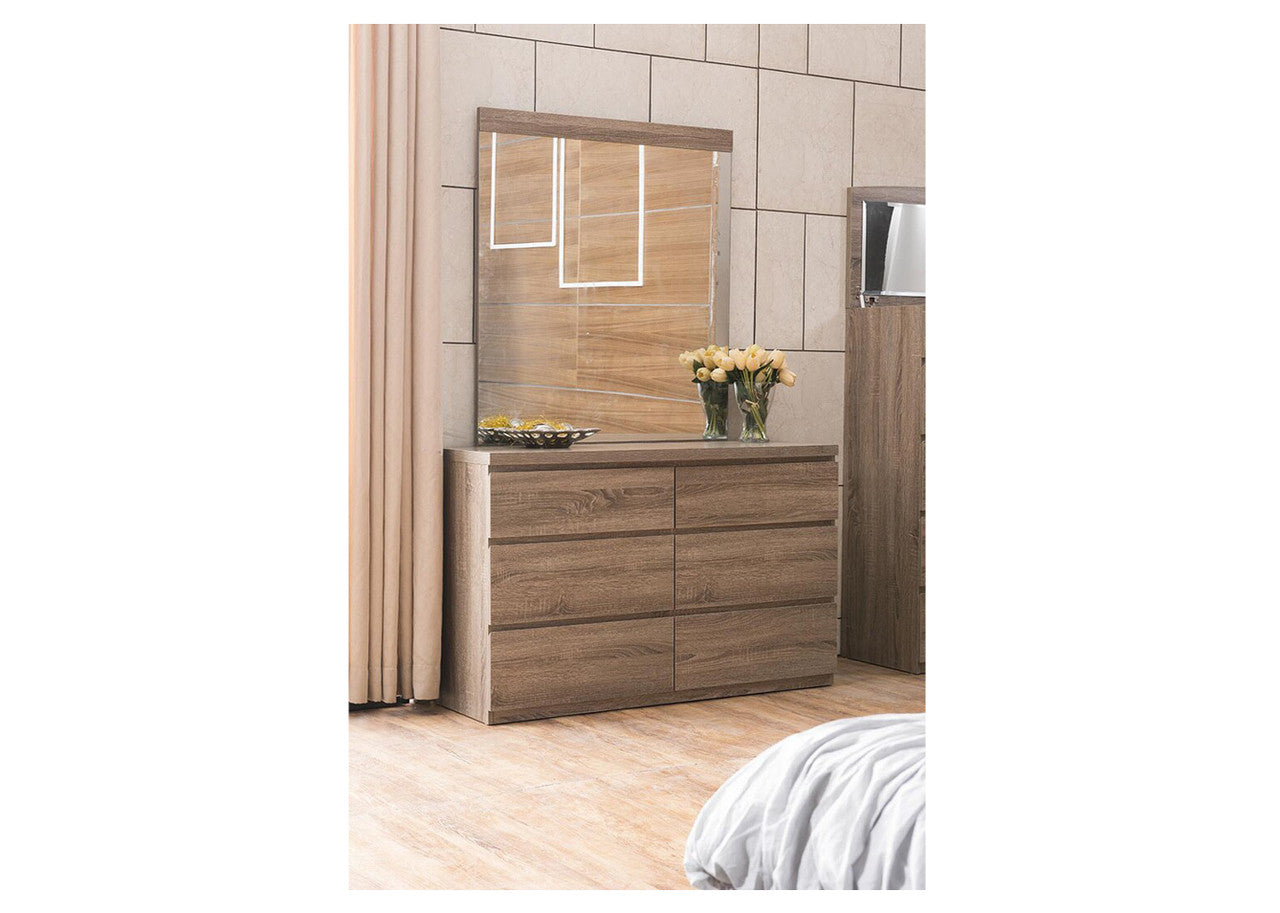 ROGAN 6 DRAWER DRESSING TABLE WITH MIRROR - (LS-718TB) - 860/900(H) x 1200(W) - MOCHA OAK