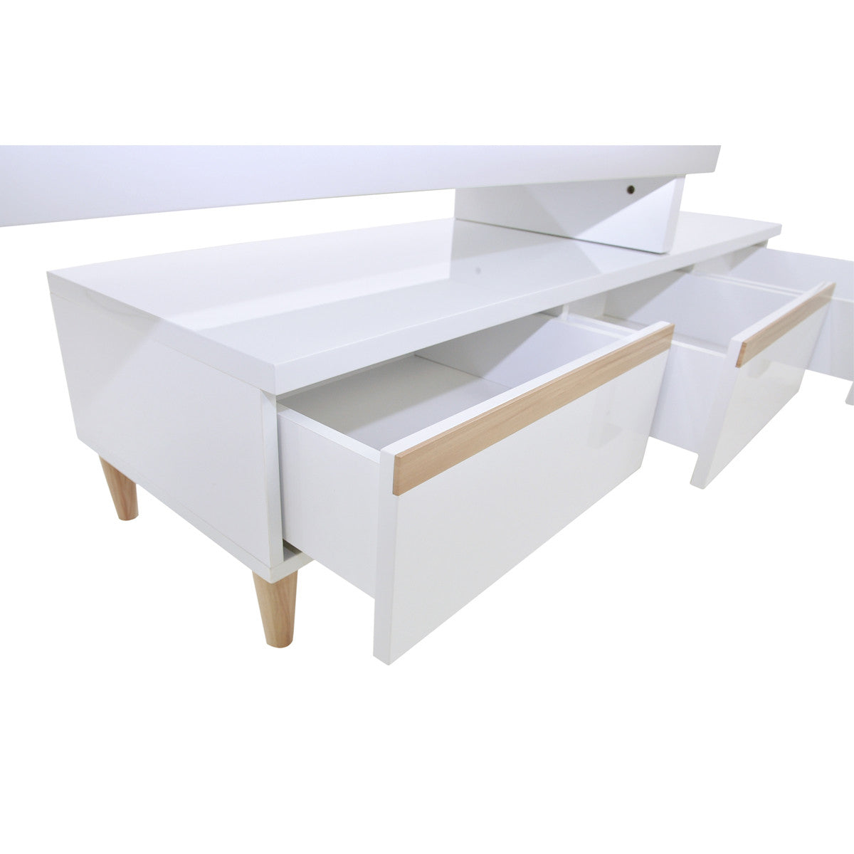 SABRINA EXTENDABLE MODERN TV UNIT - HIGH GLOSS WHITE / CYPRESS TRIM